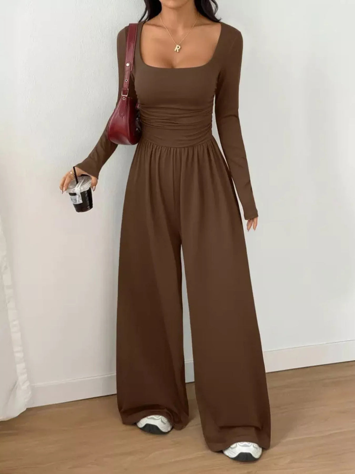 Scoop Neck Ruched Wide Leg Jumpsuit