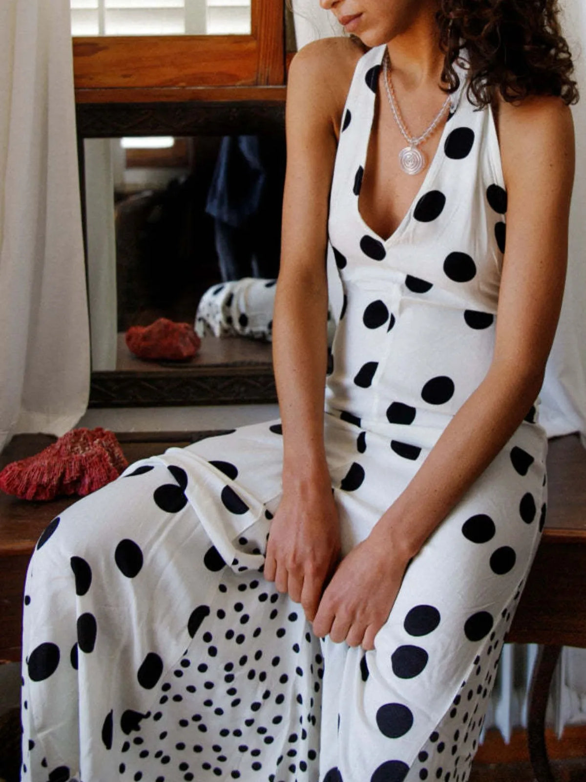 Backless Halter Polka Dot Maxi Dress in Deep Red by Mystique Q