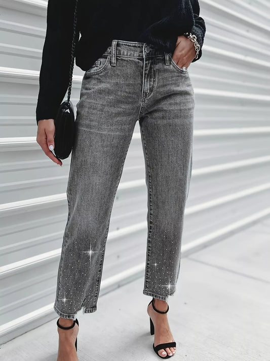 Rhinestone Embellished Cropped Jeans in Dark Gray by Lone Star Lady