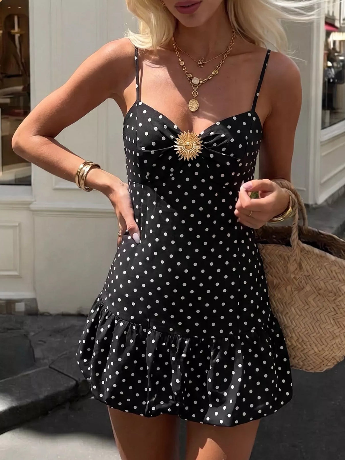 Polka Dot Ruffle Hem Dress in Black