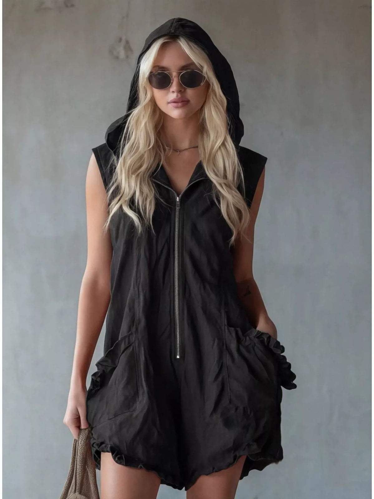 Hooded Zipper Romper with Ruffled Pockets