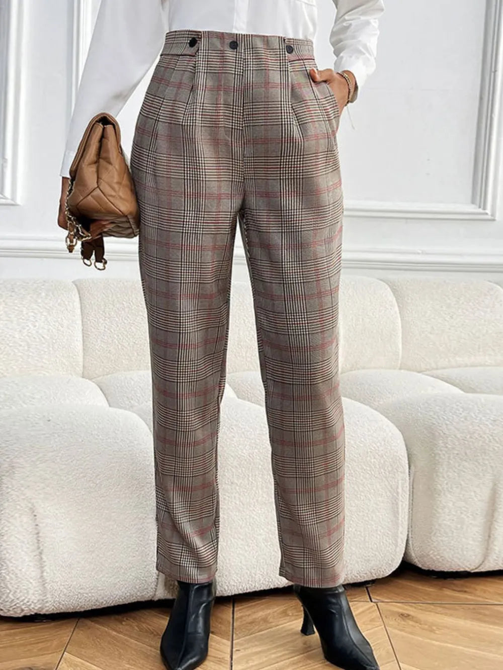 Plaid Straight Pants in Taupe