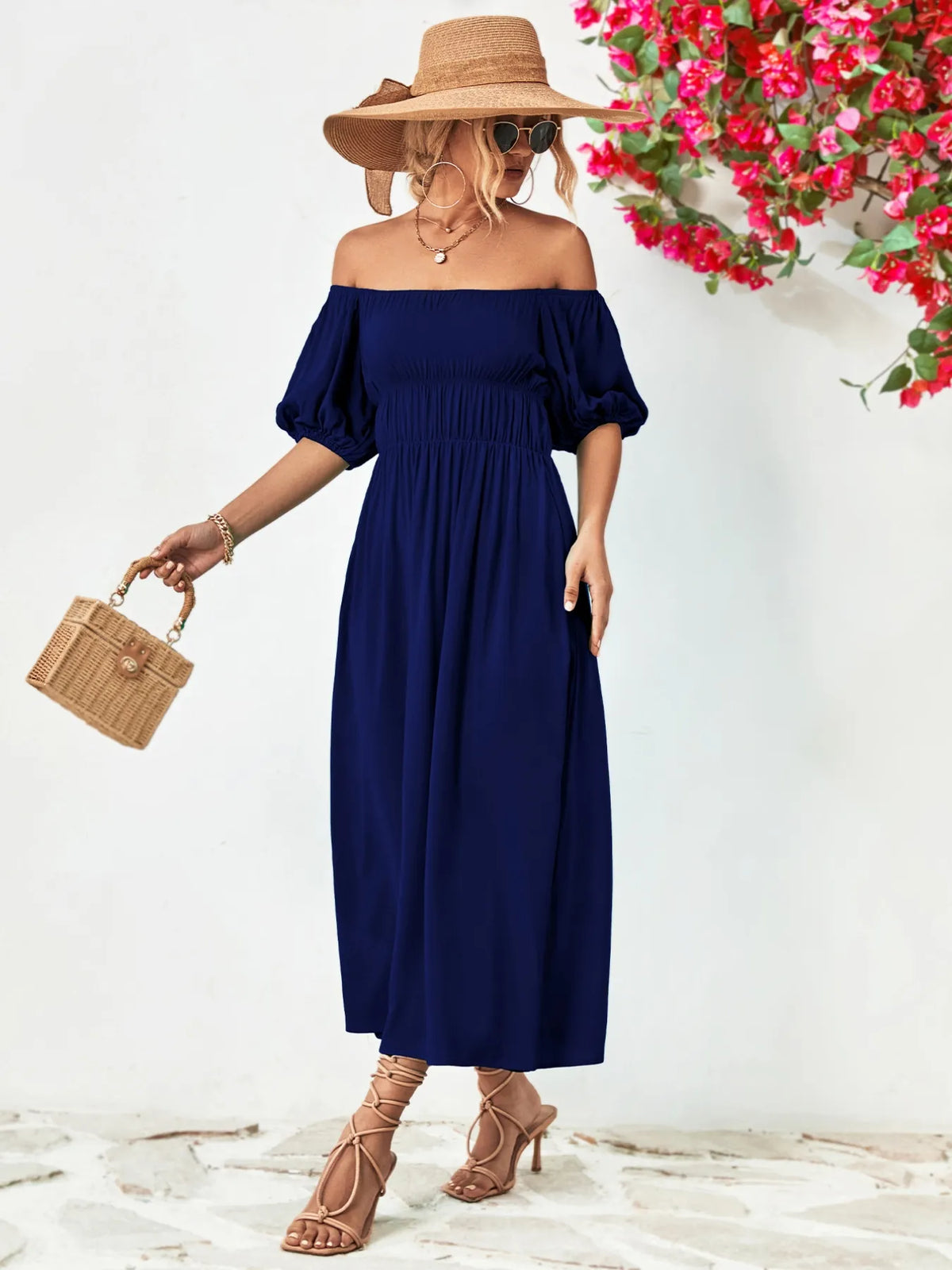 Off-Shoulder Puff-Sleeve Smocked Maxi Dress