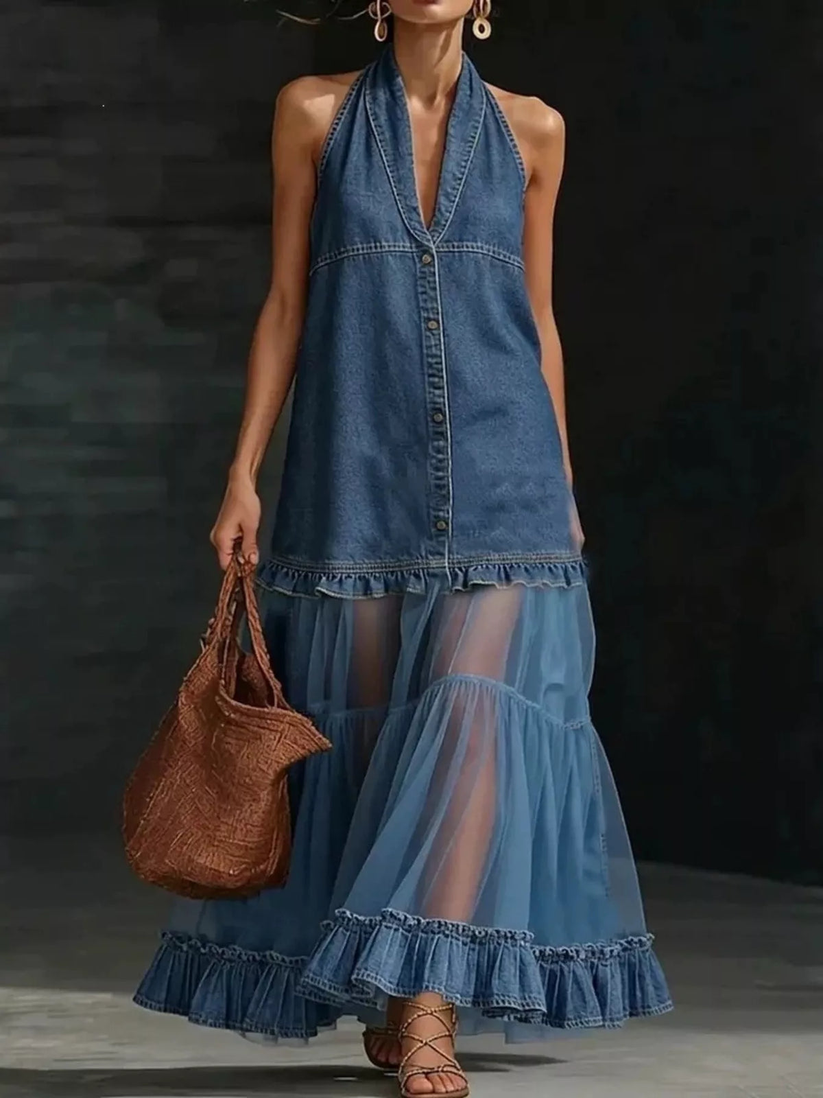 Ruffle Hem Sheer Tulle Denim Dress