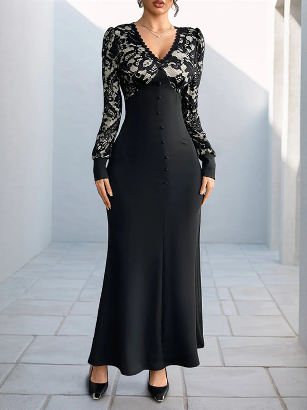 Lace V-Neck Long Sleeve Maxi Dress in Black