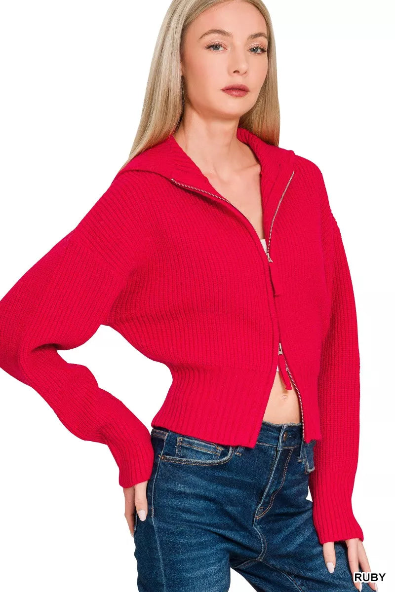 Zenana Ribbed Zip-Up Cardigan in Ruby