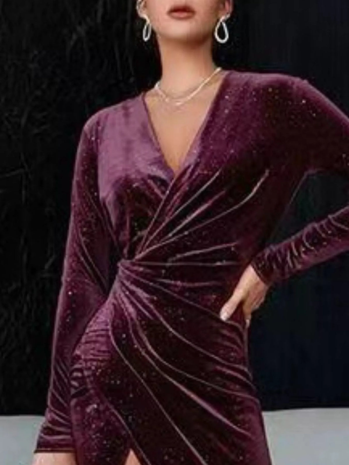 Ruched Velvet Slit Midi Dress