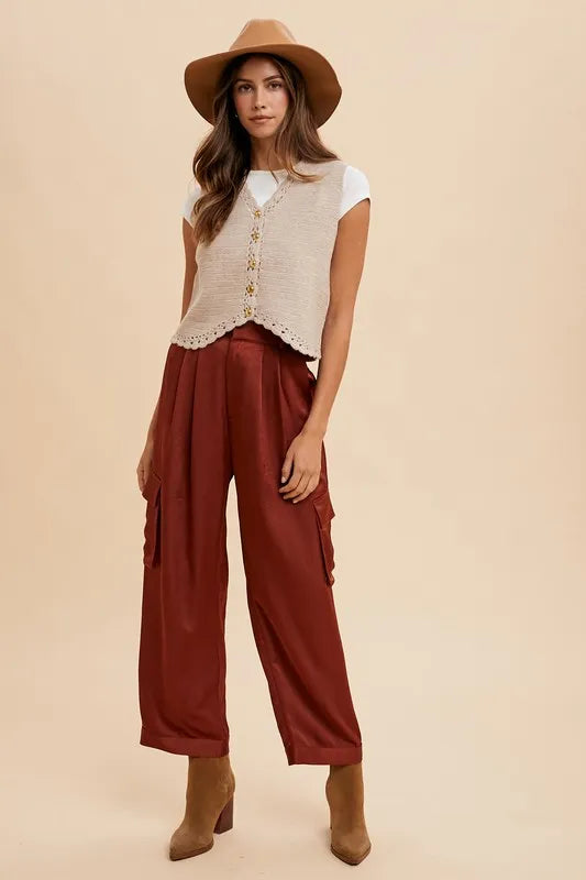 Annie Wear Wide Leg Cargo Satin Pants in Burgundy