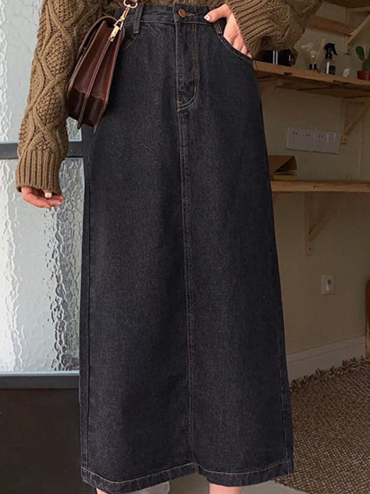 High-Waisted Vintage Wash Midi Denim Skirt