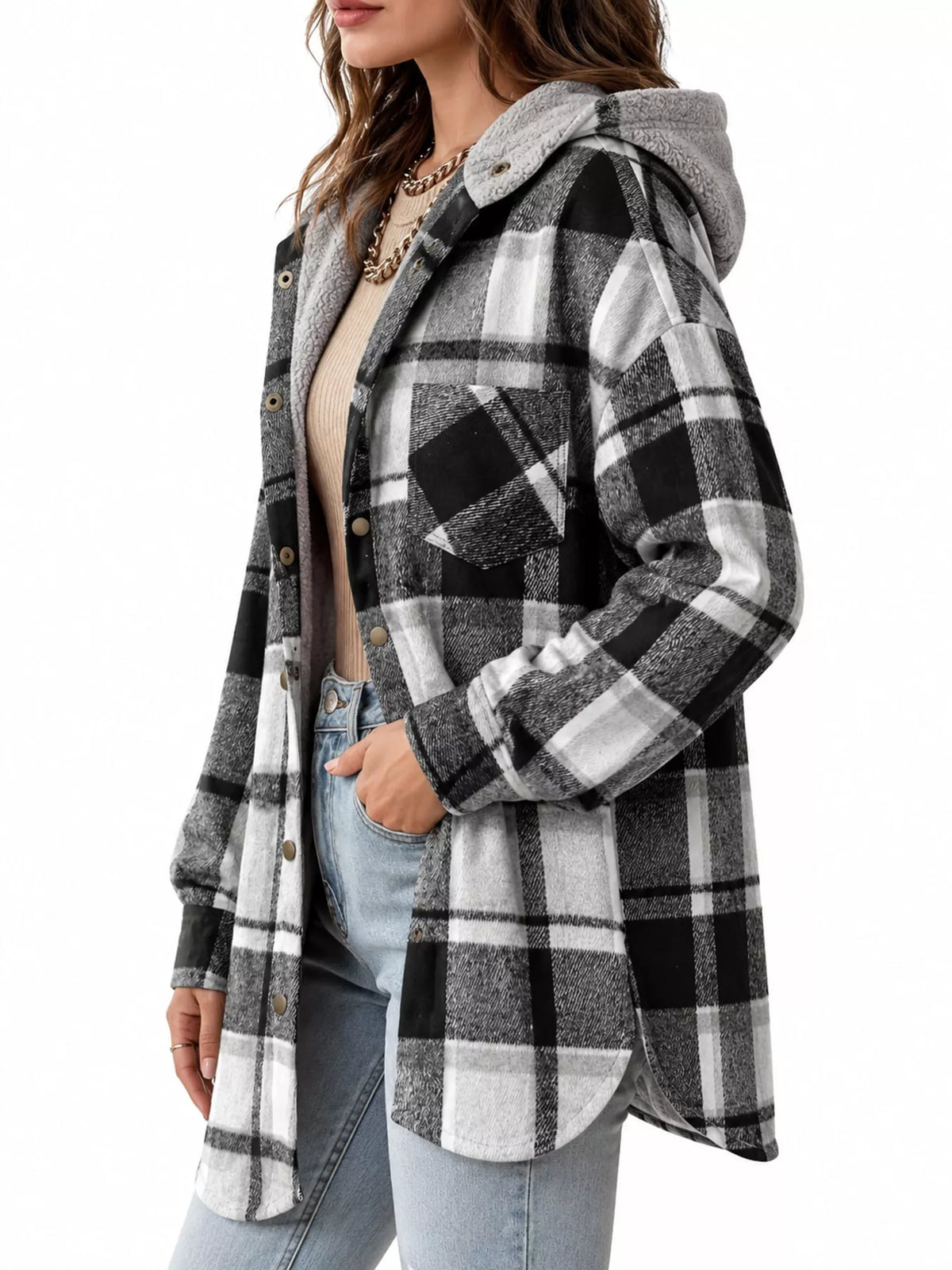 Plaid Hooded Button-Up Jacket