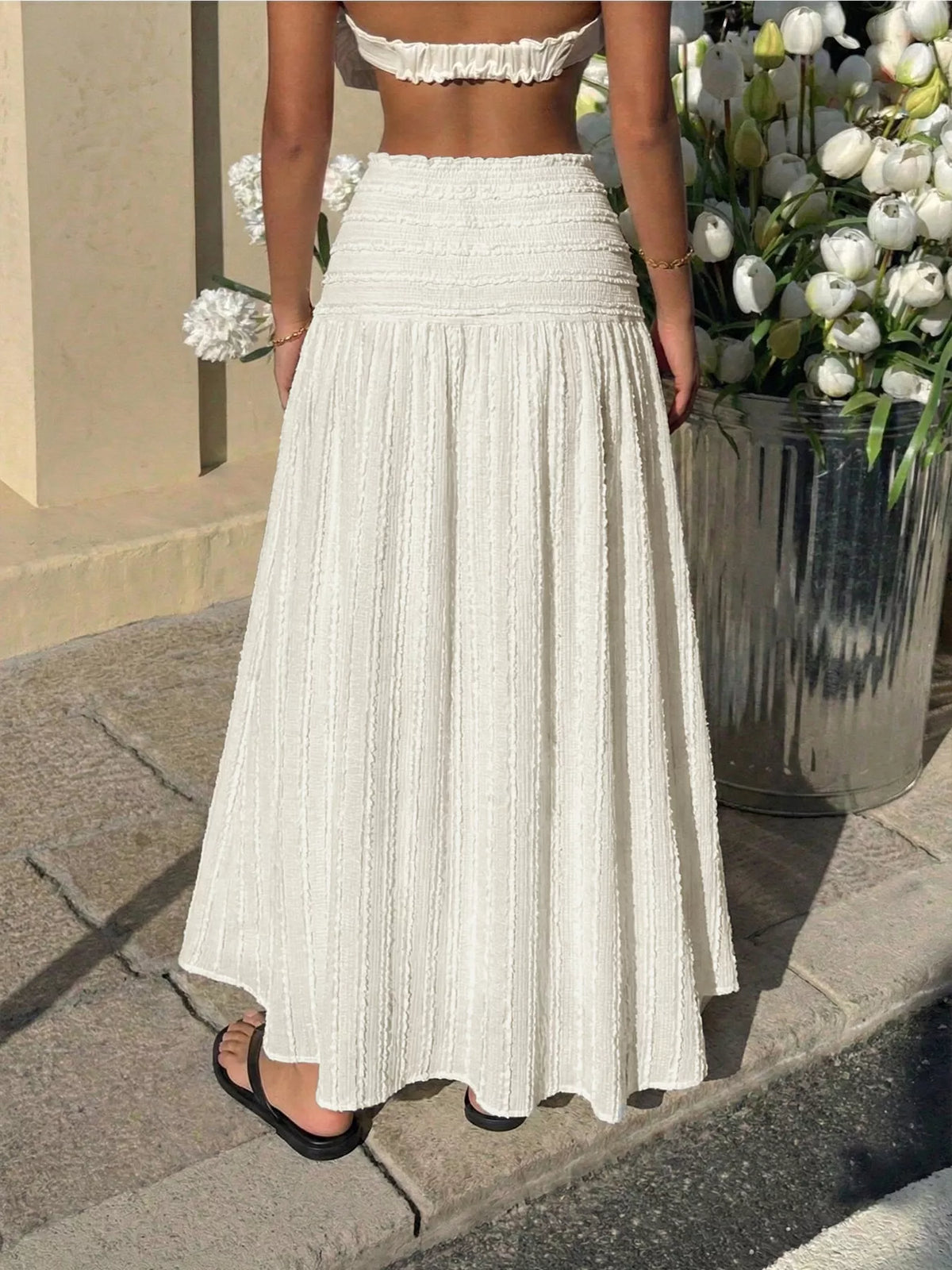 Textured A-Line Midi Skirt in Ivory