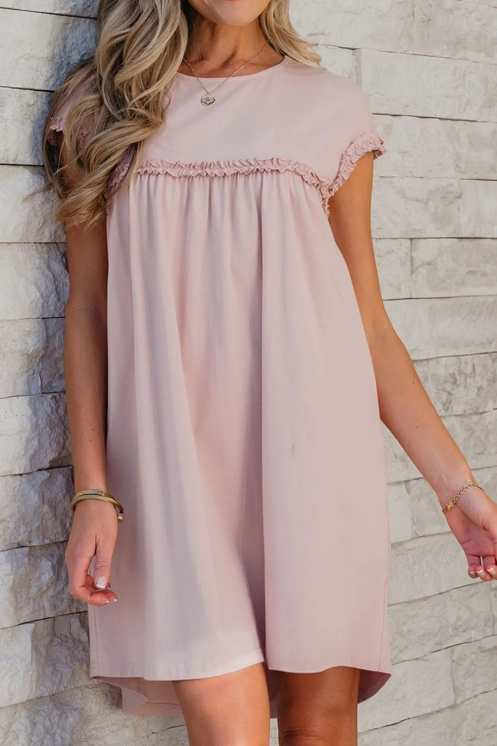 Frilled Trim Mini Dress in Dusty Pink
