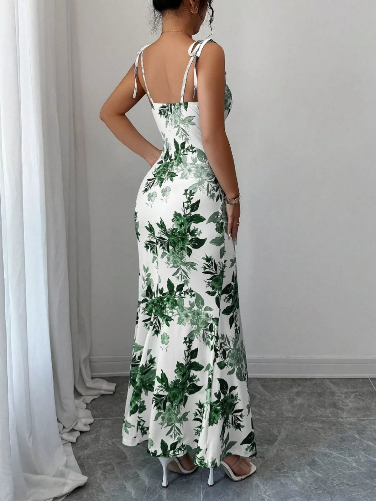 Printed Tie Strap Maxi Dress with Slit