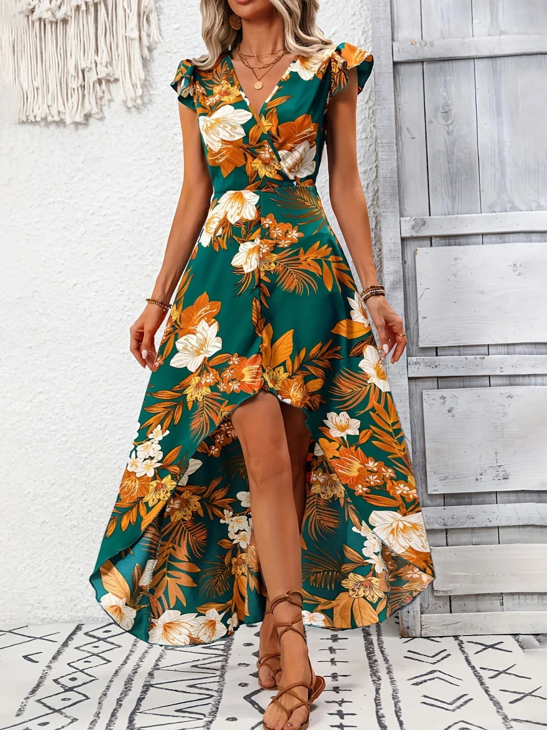 High-Low Printed Cap Sleeve Maxi Dress in Dark Green