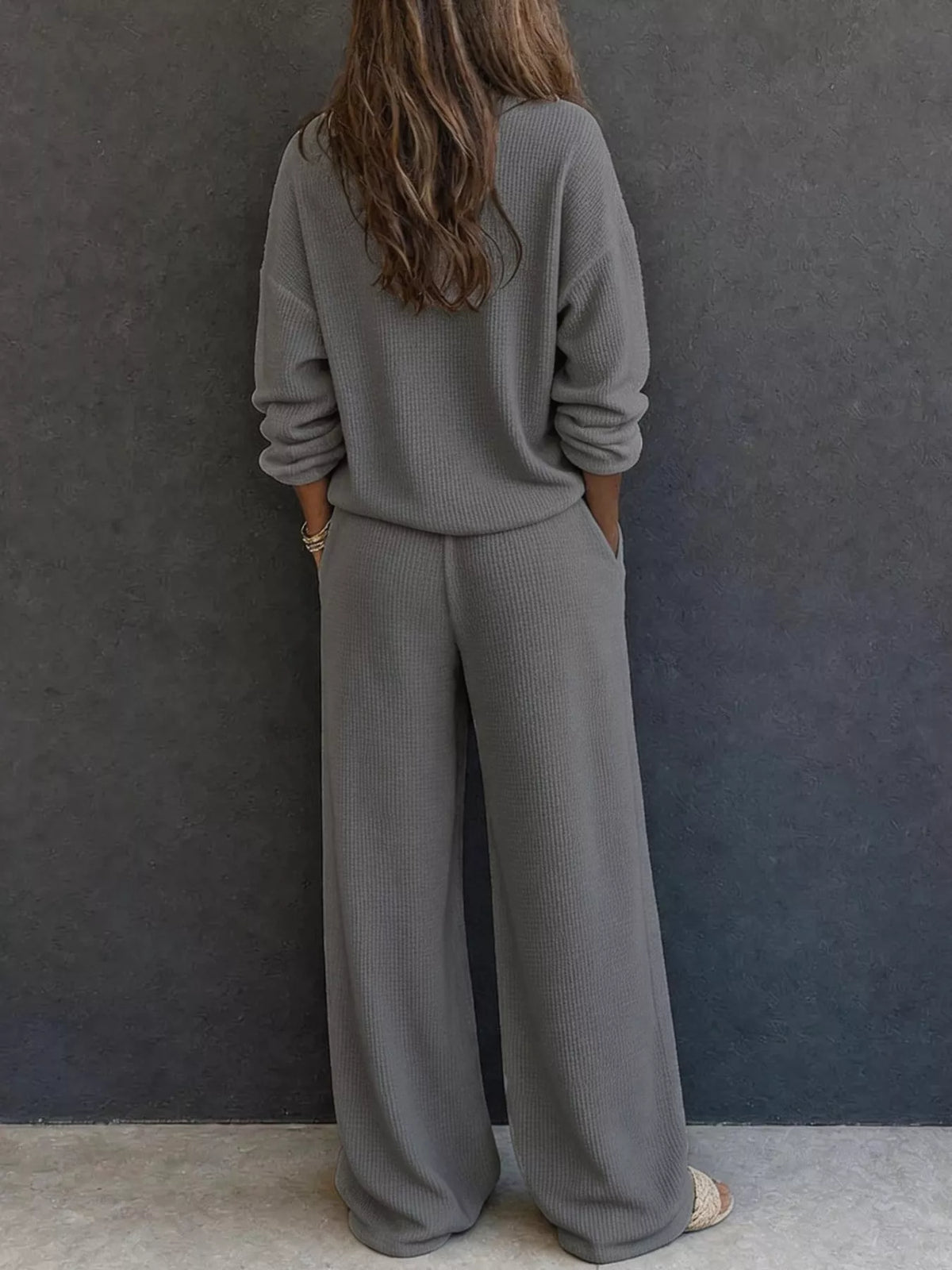 Waffle Knit Button Detail Top and Pants Set