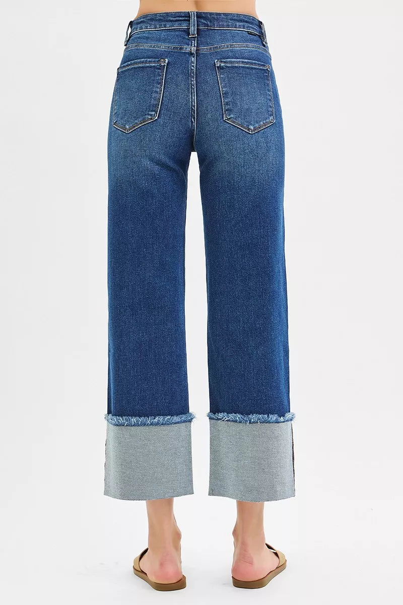 Risen Raw Hem Mid Rise Wide Crop Jeans in Dark Wash