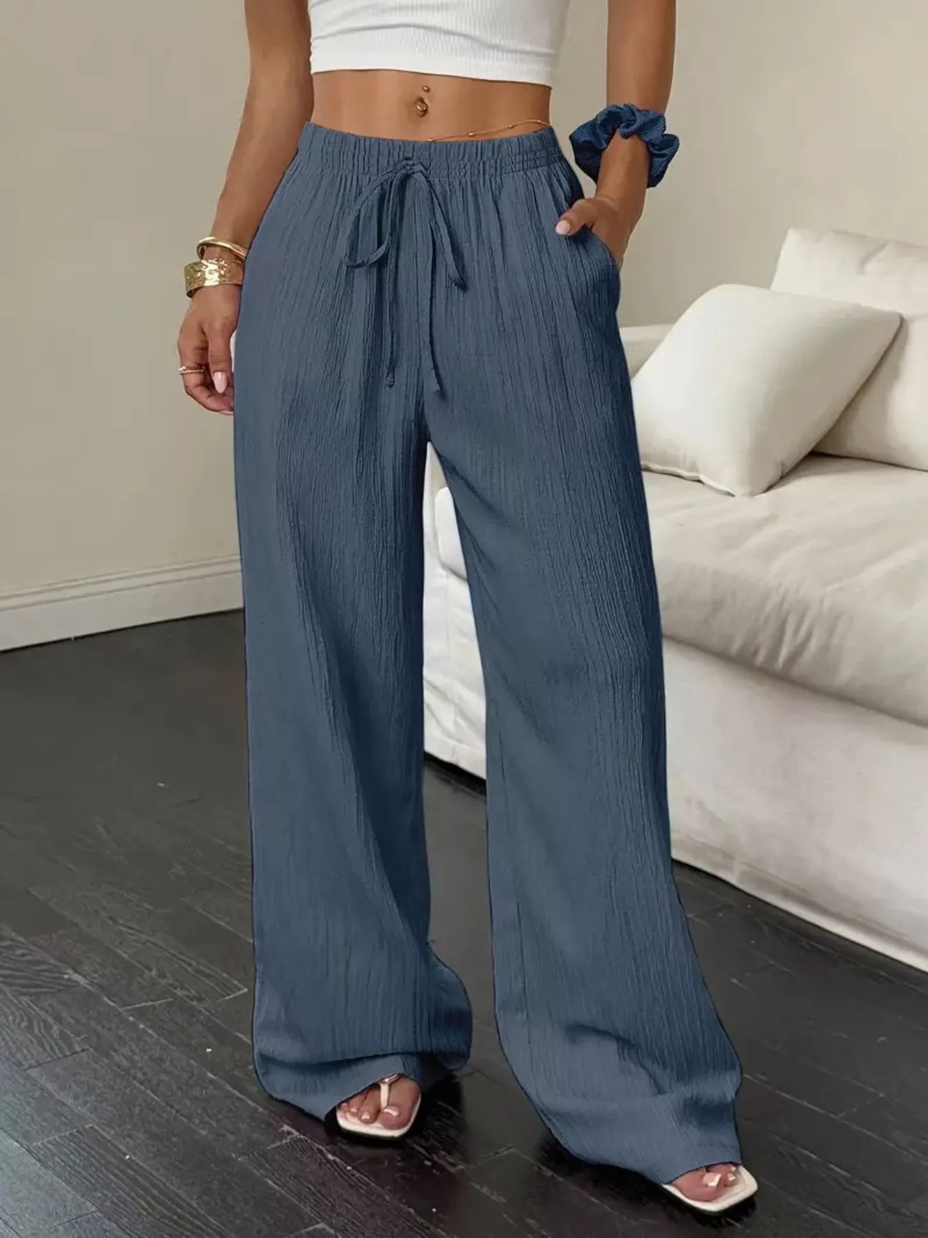 Wide Leg Drawstring Pants with Pockets
