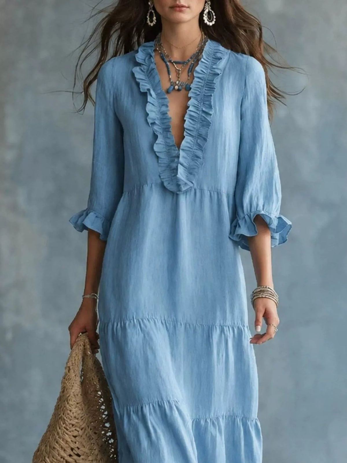 Ruffled V-Neck Tiered Maxi Dress