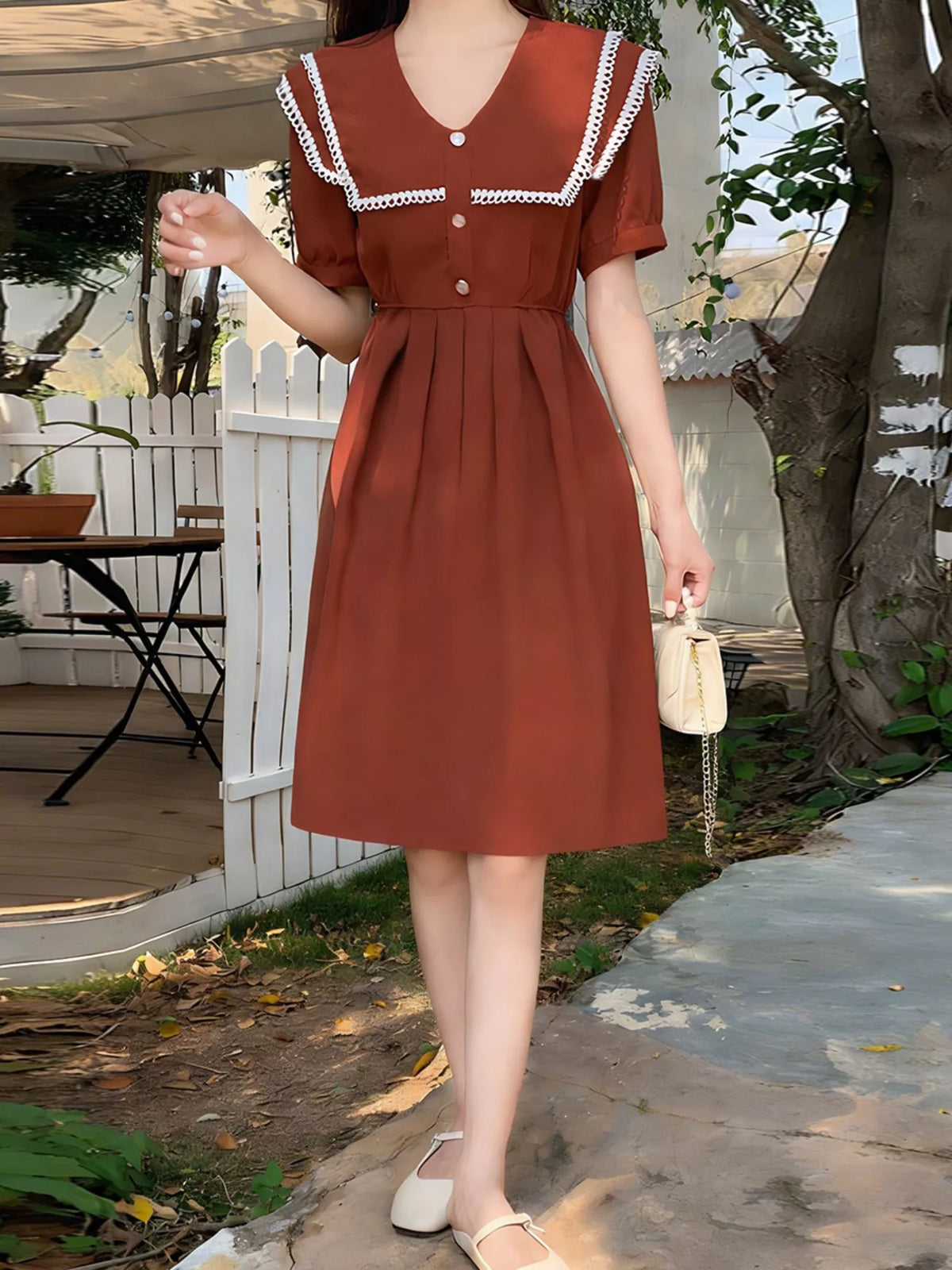 Sailor Collar Pleated Dress in Orange Red