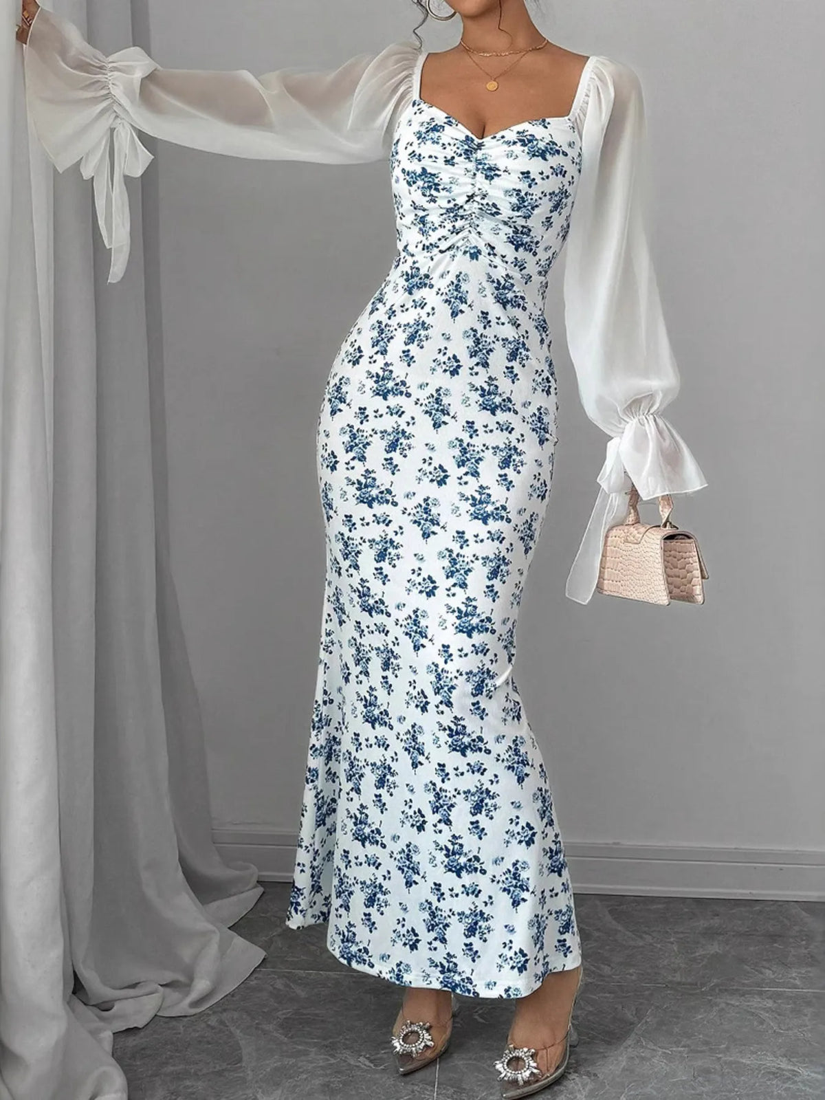 Floral Sweetheart Maxi Dress in Light Blue