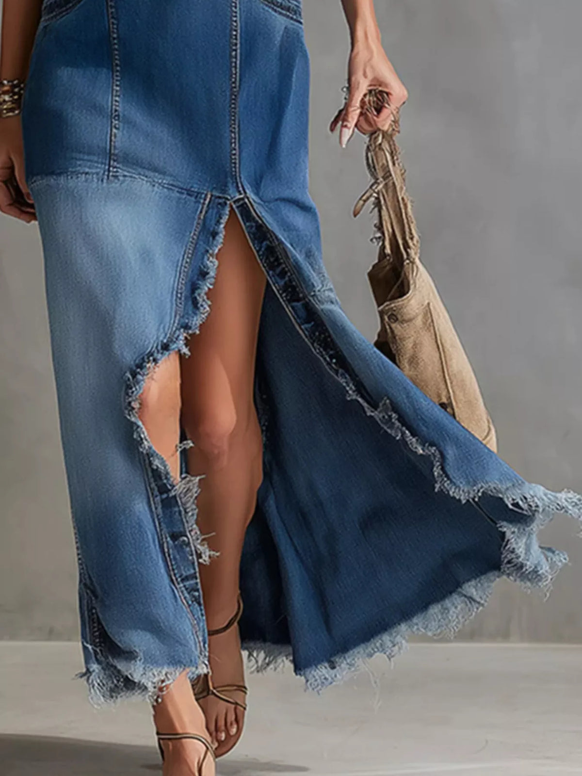 Sleeveless Frayed Hem V-Neck Denim Maxi Dress in Blue