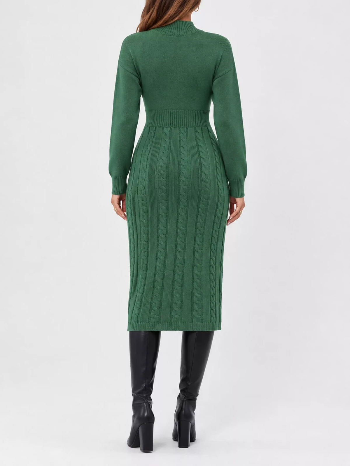 Mock Neck Cable Knit Sweater Dress with Front Slit
