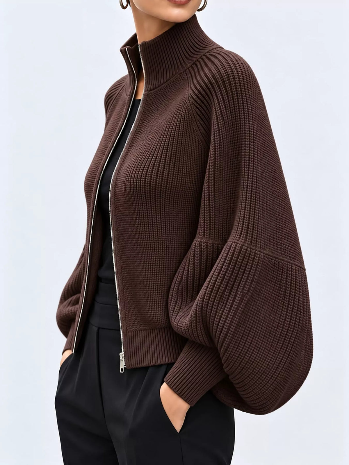 Ribbed Knit Zip-Up Cardigan with Lantern Sleeves