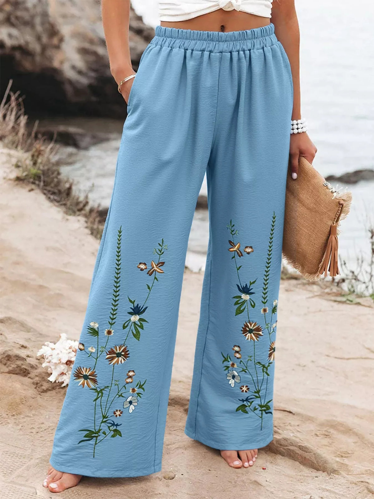 Floral Wide Leg Pants in Sky Blue