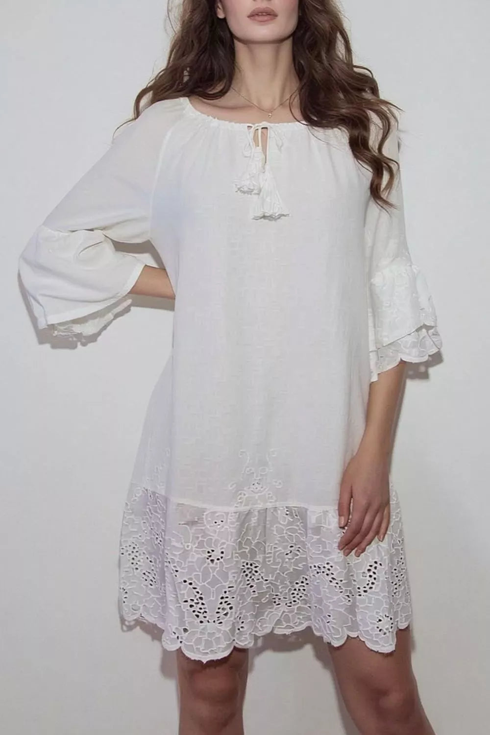 Eyelet Embroidered Tassel Tie Neck Dress in White