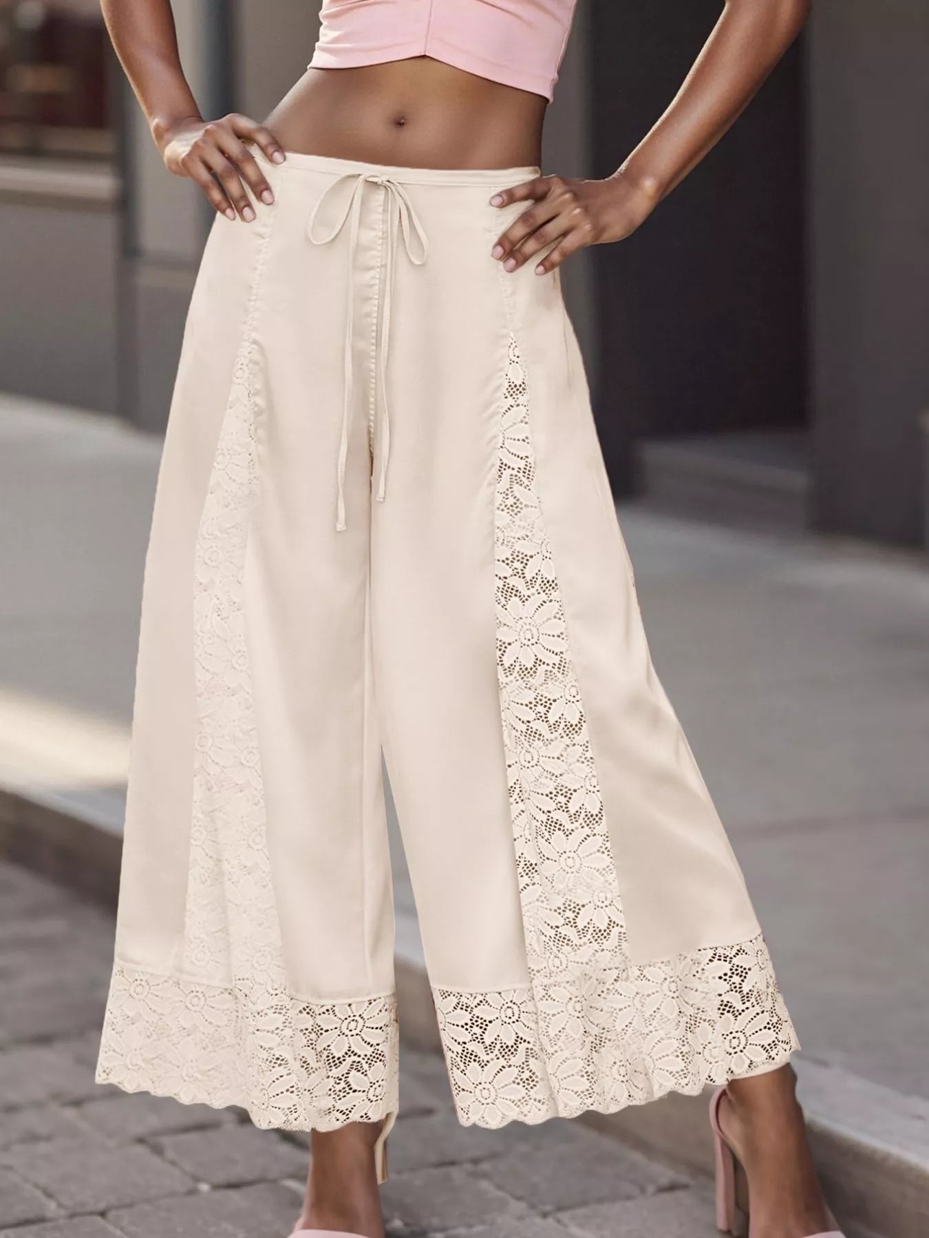 Lace-Trim Wide-Leg Cropped Pants
