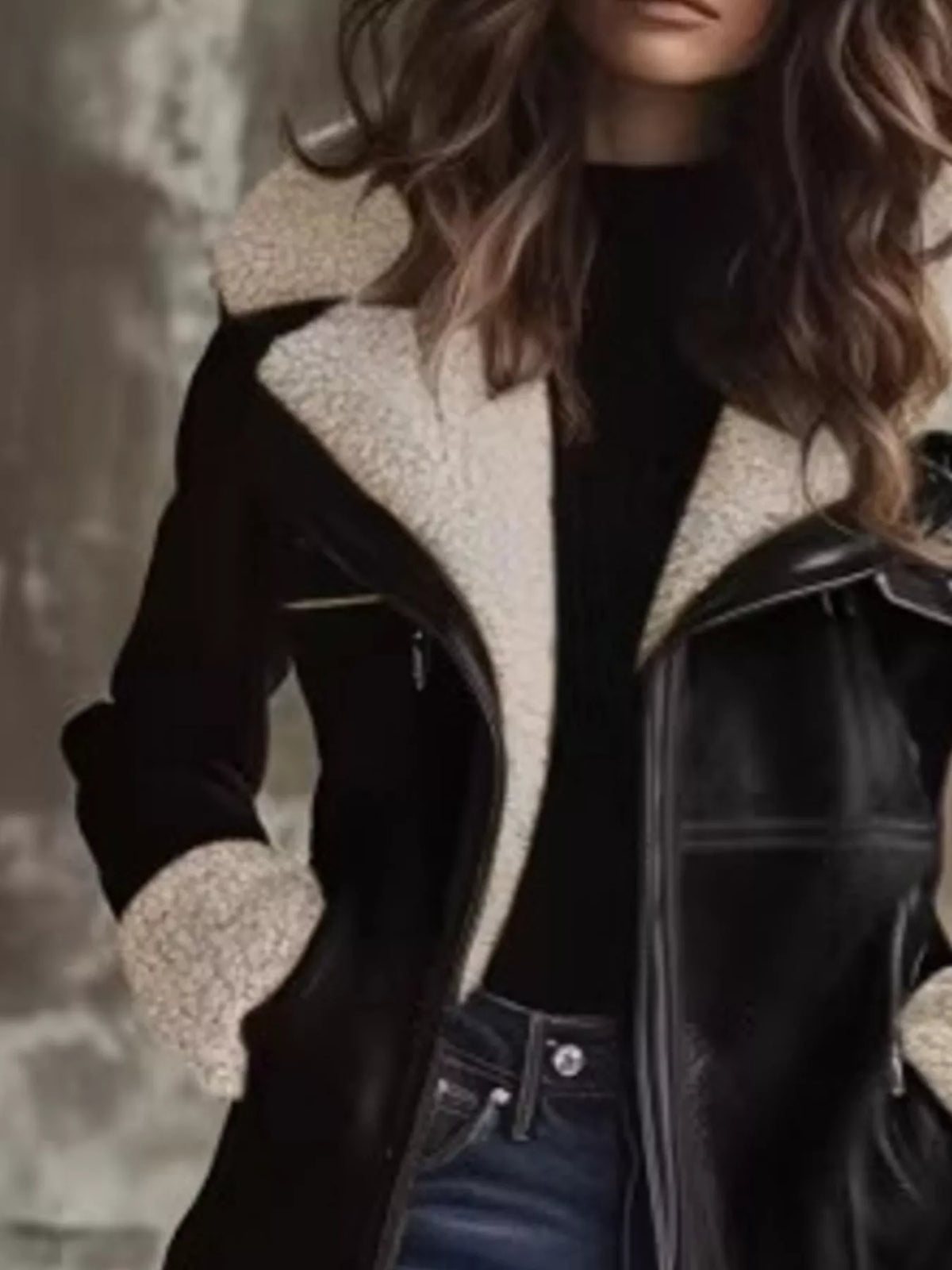 Zip-Up Sherpa Leather Jacket with Pockets
