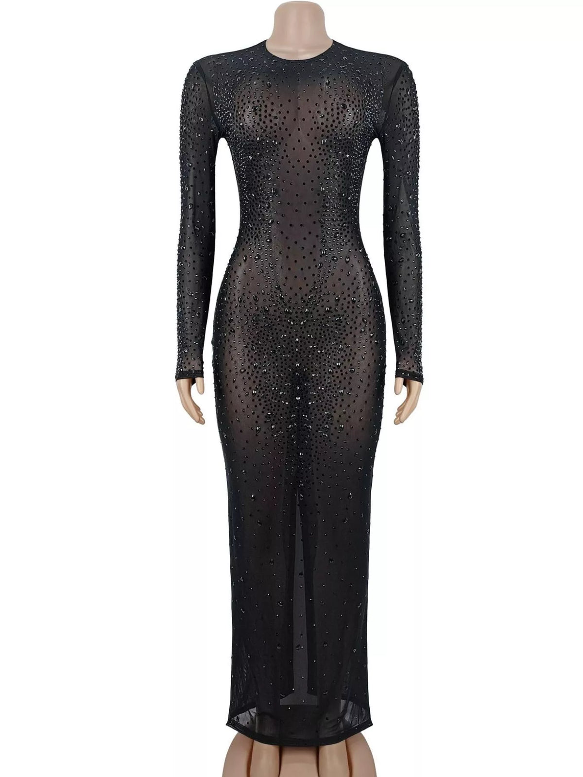 Sheer Mesh Rhinestone Evening Dress in Black