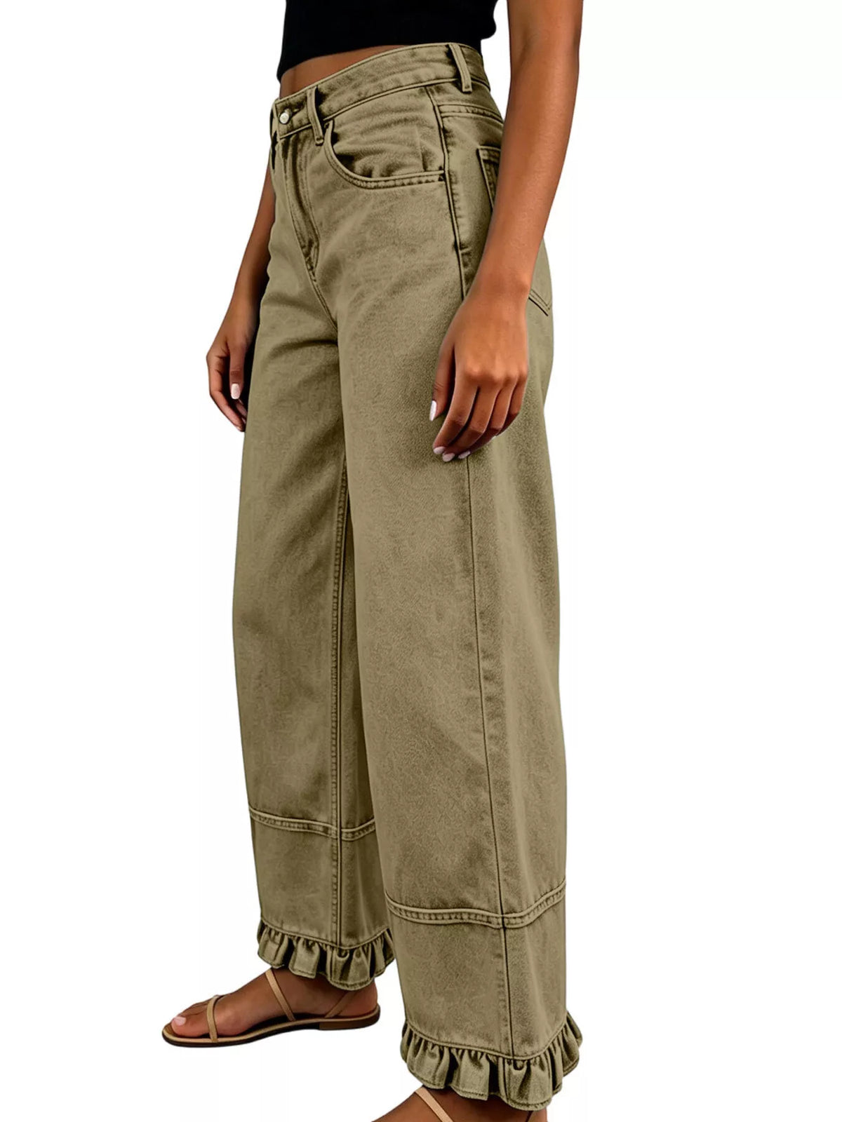 High-Waisted Wide-Leg Ruffled Hem Jeans by Dreamy Drapes