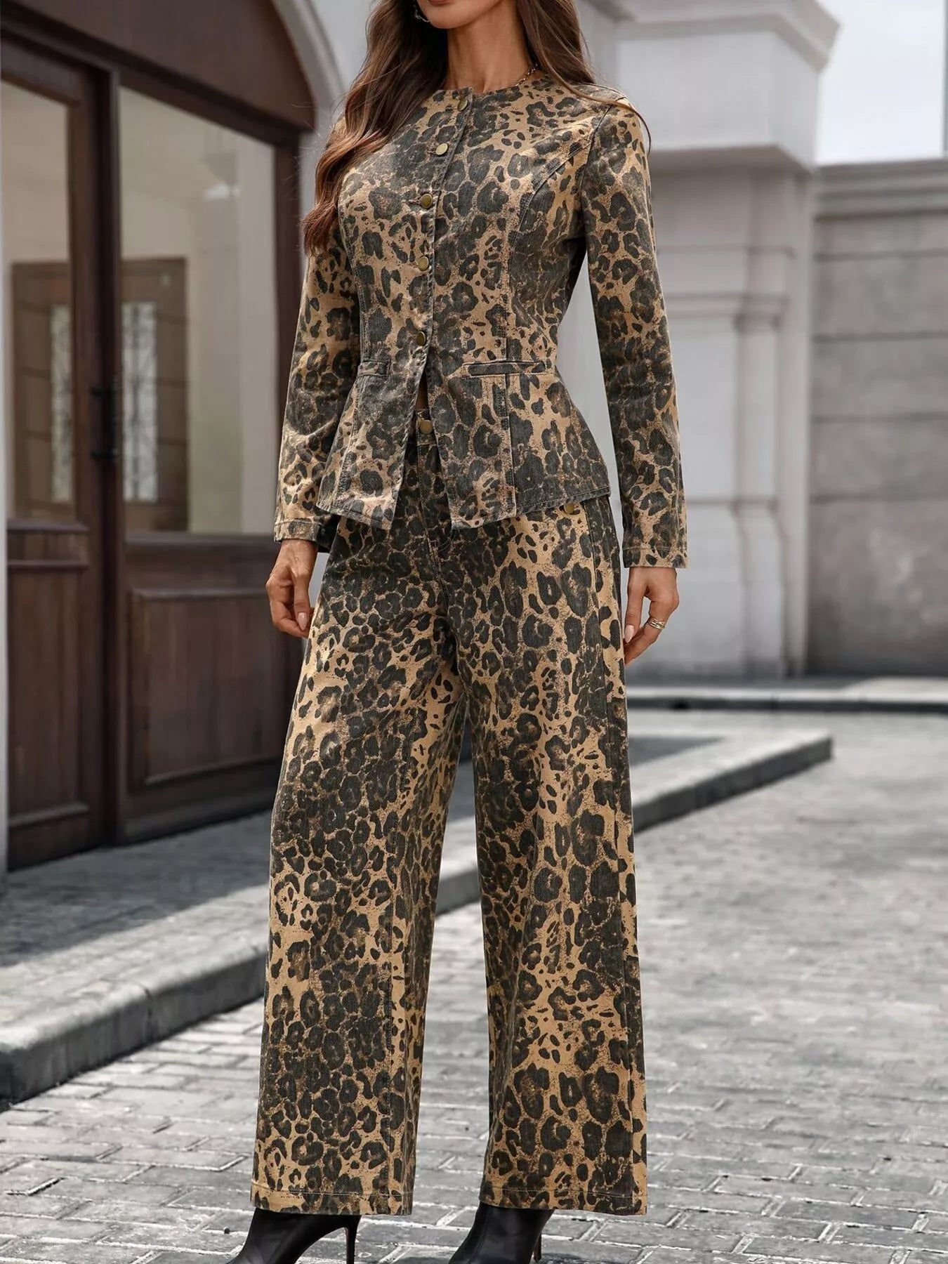 Button-Up Long Sleeve Top and Jeans Denim Set by Moni Wear