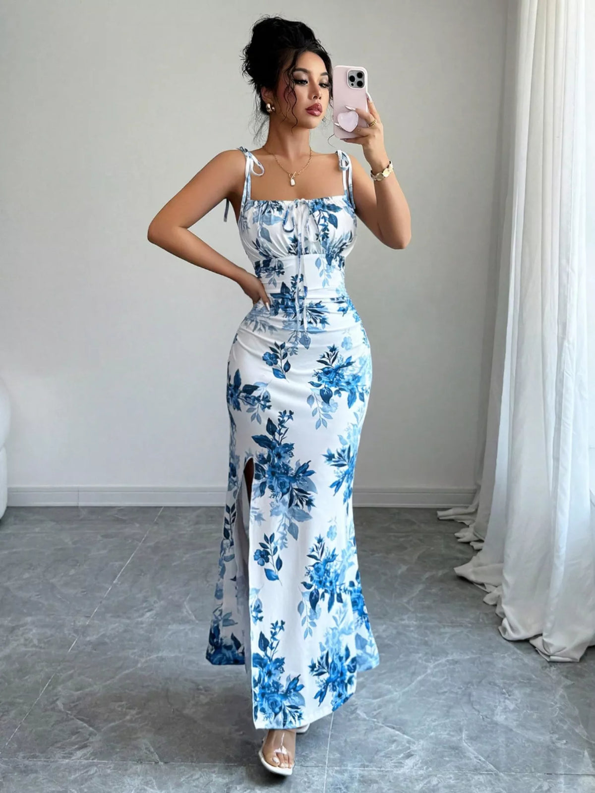 Printed Tie Strap Maxi Dress with Slit