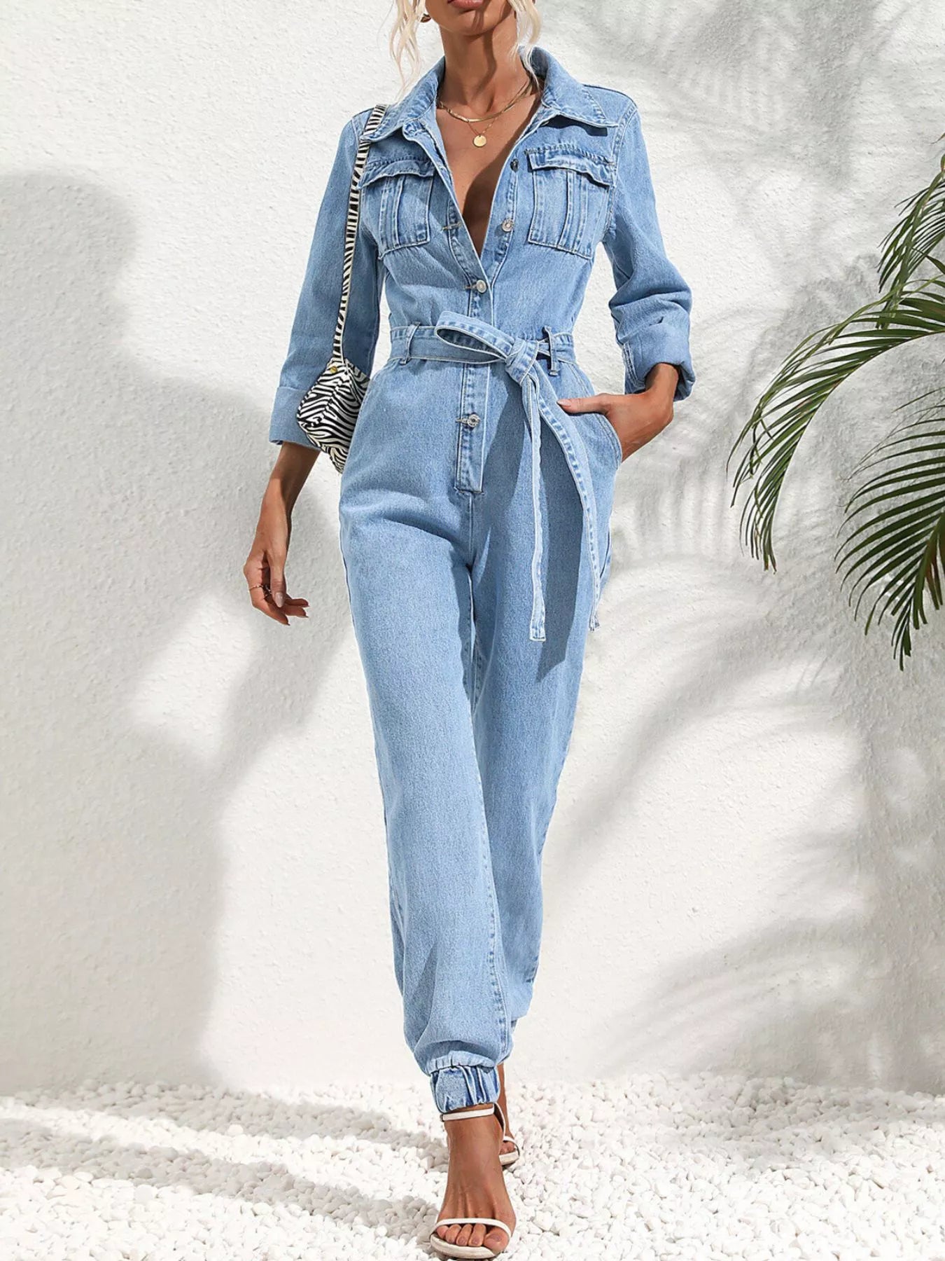 Button Front Belted Denim Jumpsuit in Medium Blue