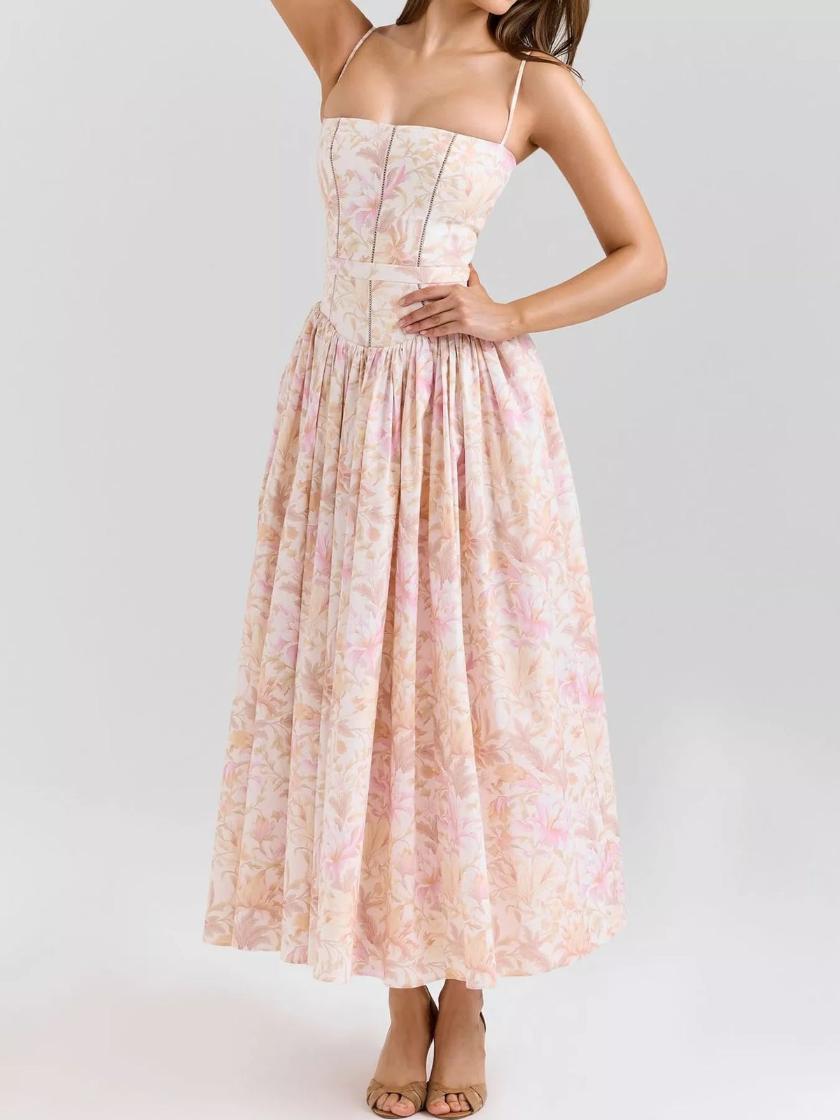 Floral Spaghetti Strap Midi Dress in White