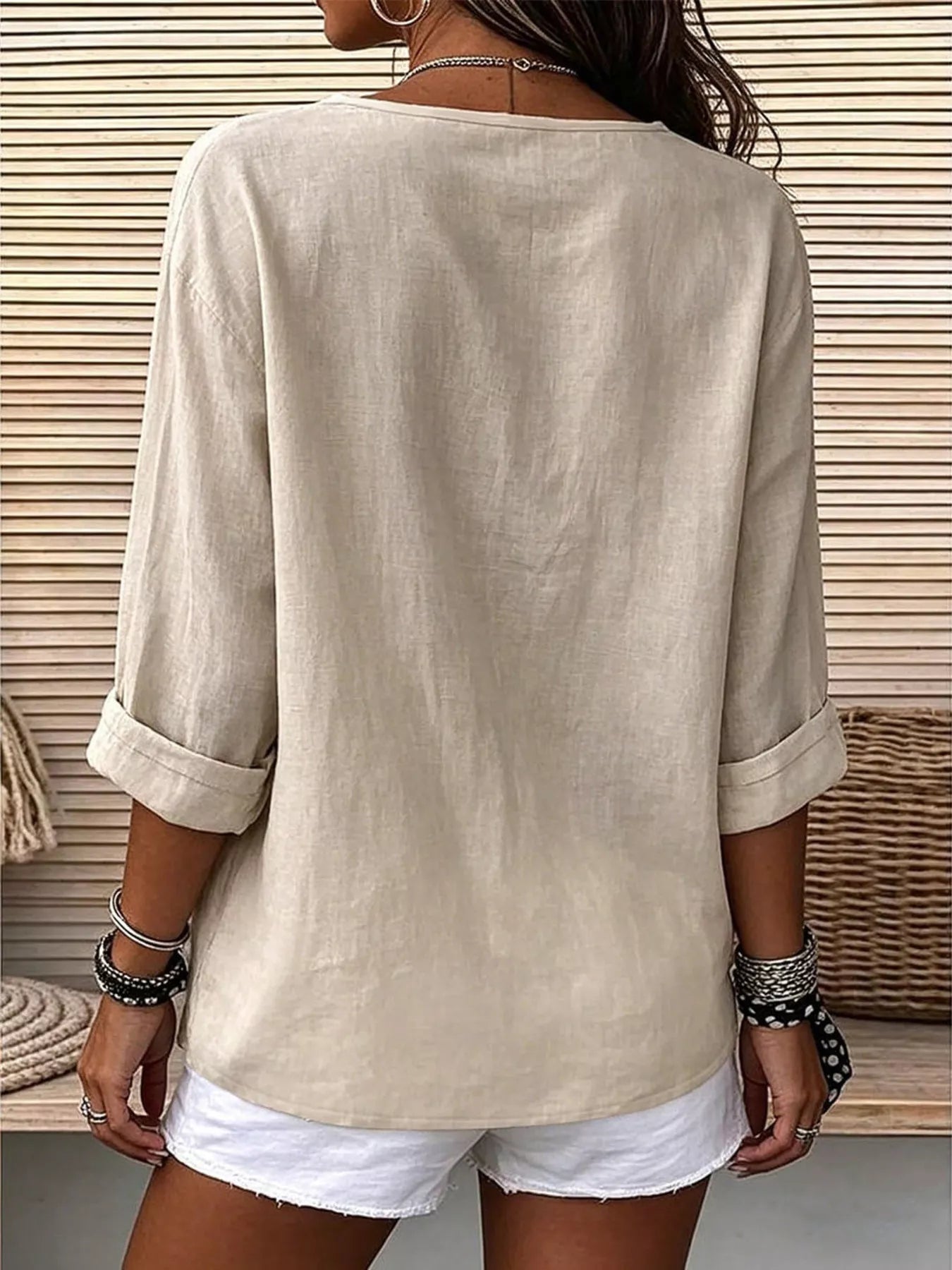 V-Neck Button-Up Long Sleeve Shirt