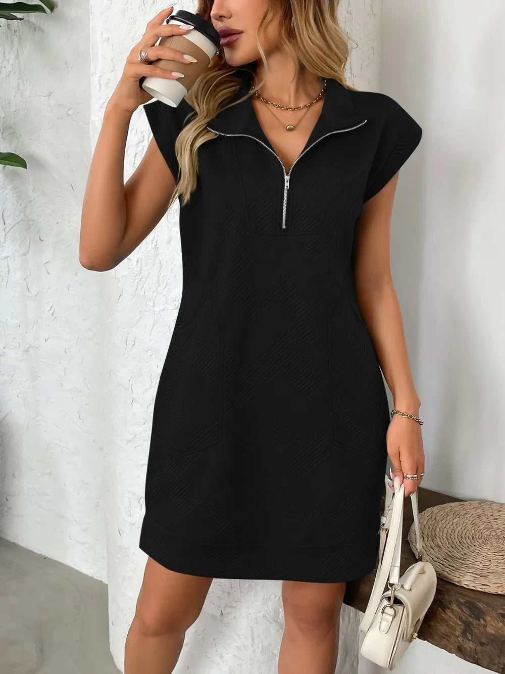 Textured Half-Zip Cap Sleeve Mini Dress