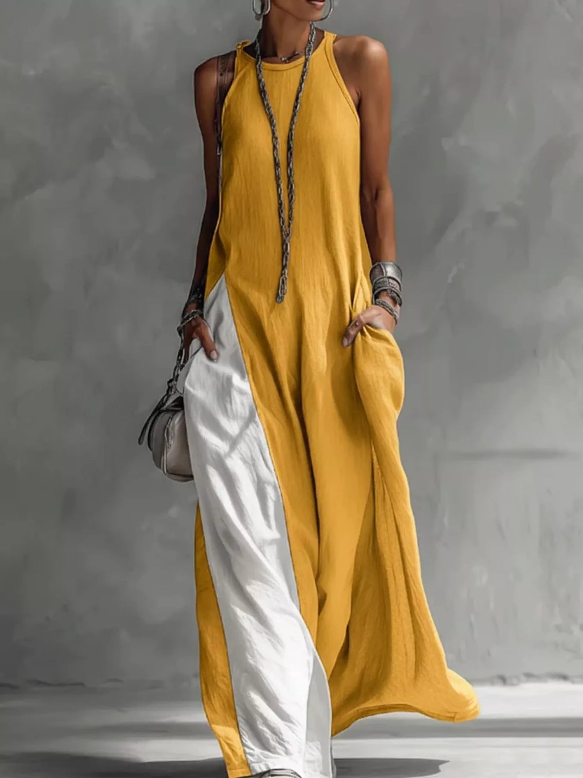 Two-Tone Sleeveless Maxi Dress with Pockets
