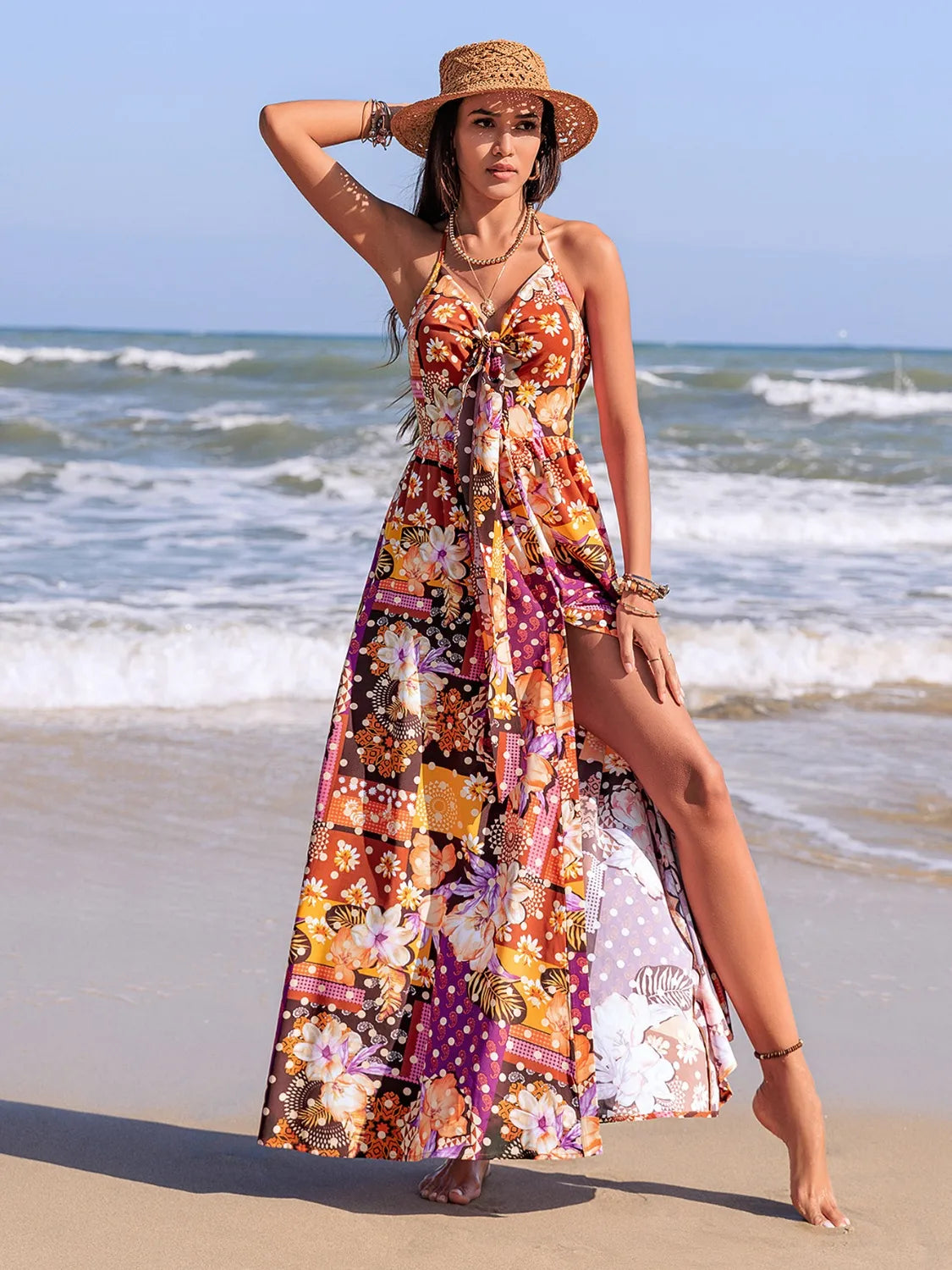 Printed Halter Neck Cami Dress in Multicolor