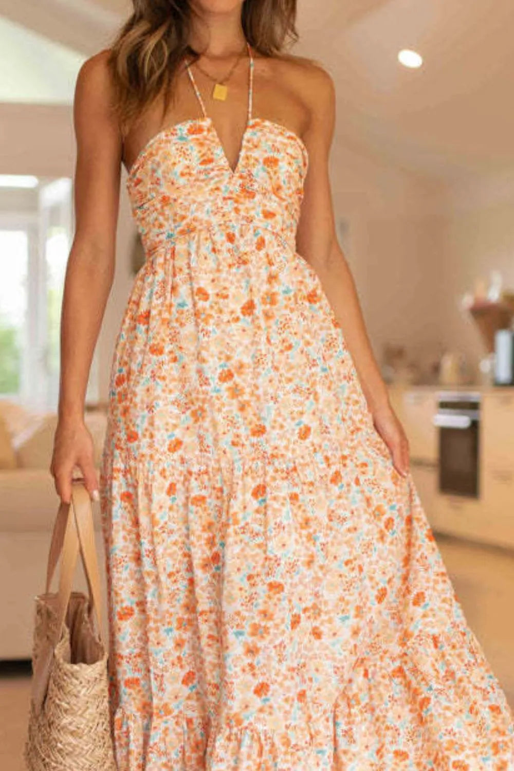 Floral Halter Tiered Maxi Dress in Watermelon Pink