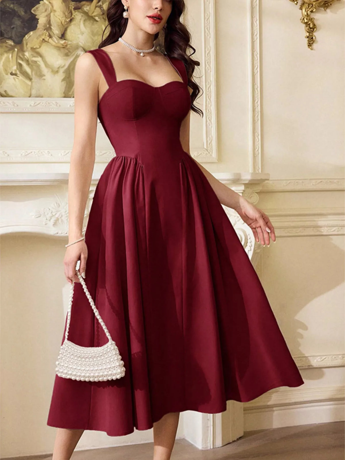 Sweetheart Neckline A-Line Midi Dress in Red