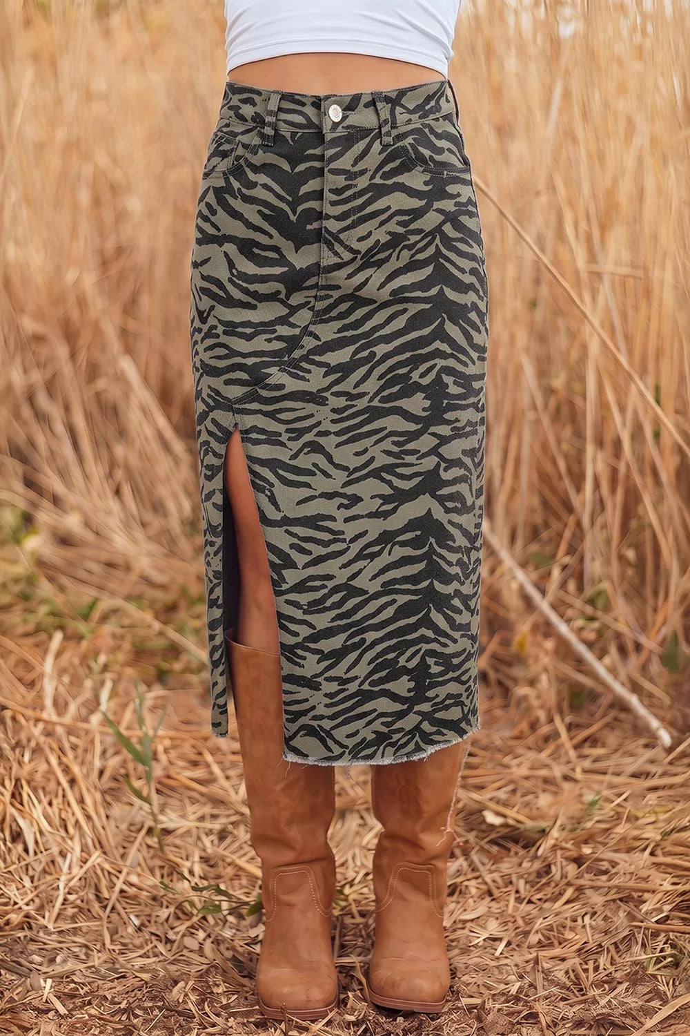 Animal Print Denim Midi Skirt in Army Green