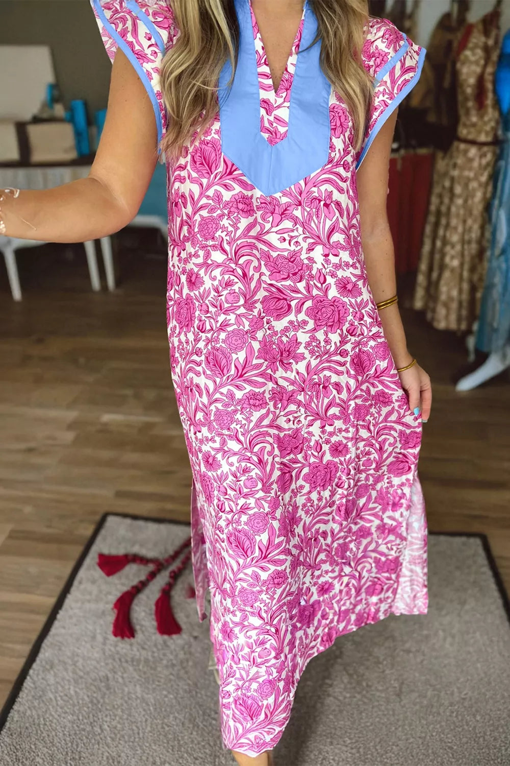 Floral Print Ruffle Cap Sleeve Dress in Pink