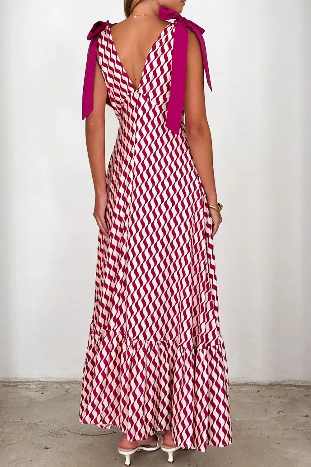 Printed Tie-Shoulder Ruched V-Neck Midi Dress