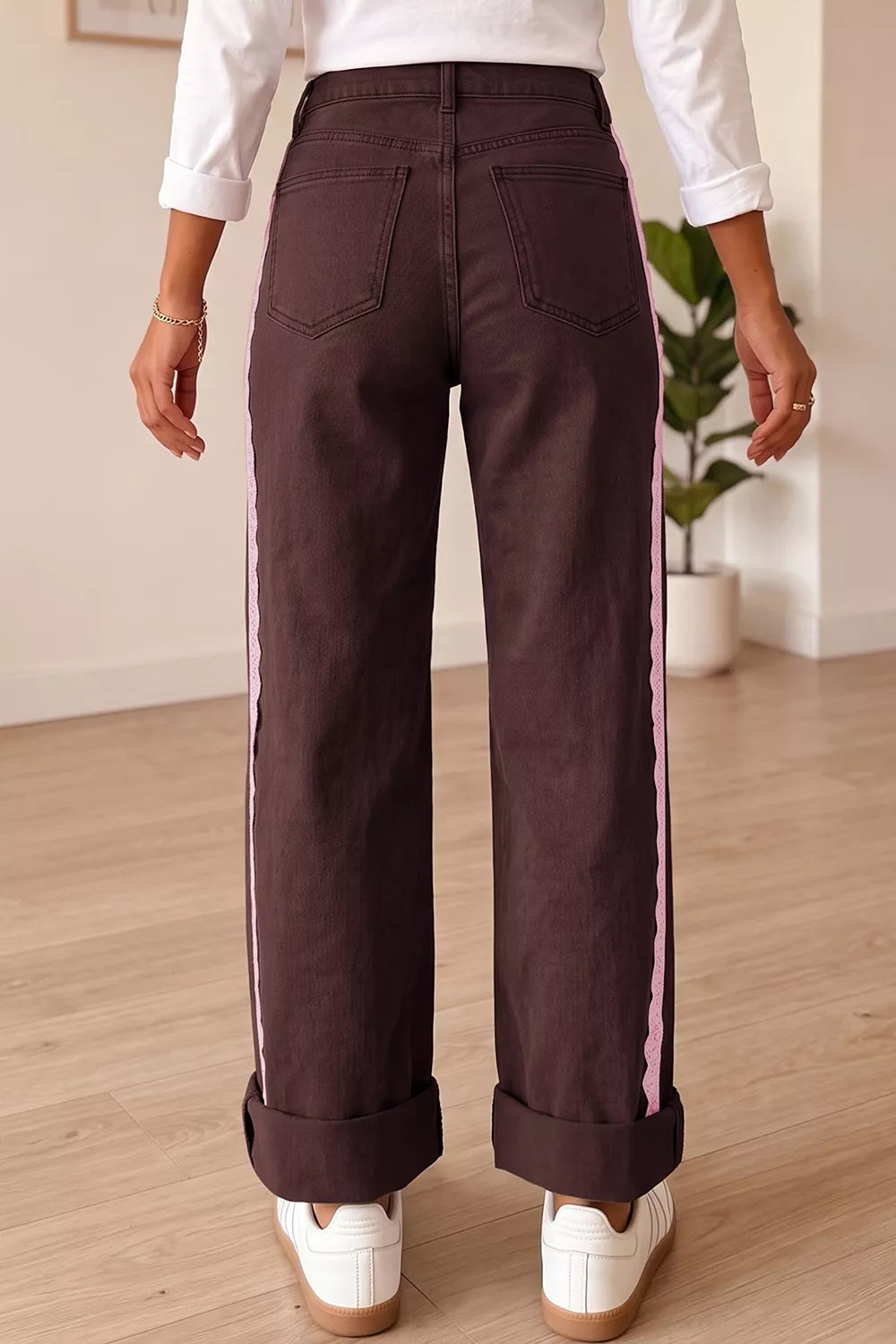 Lace Trim Straight Jeans in Coffee Brown