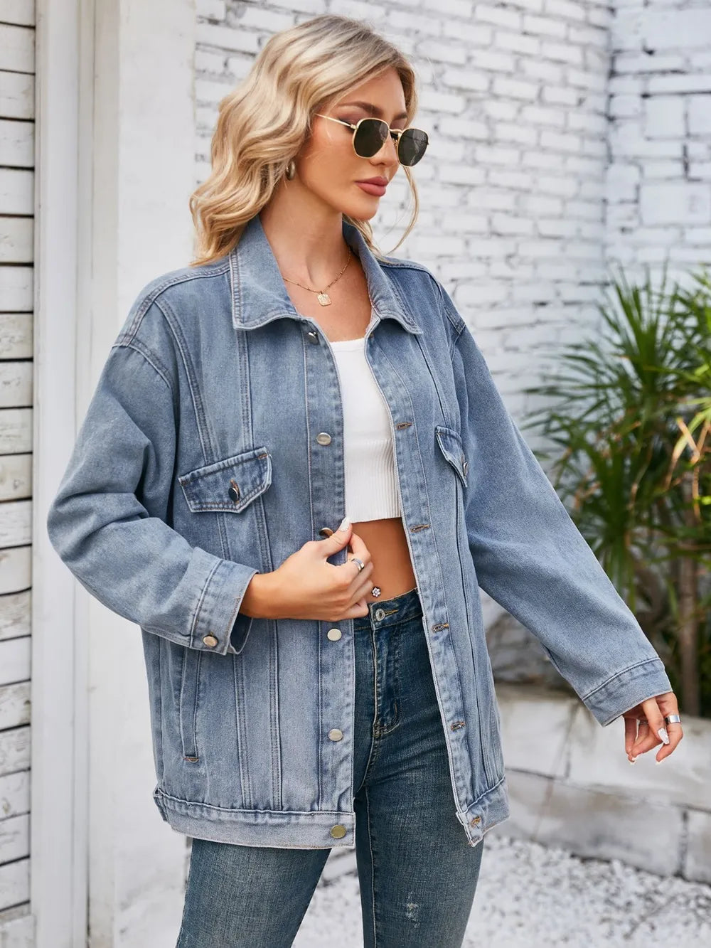 Button-Up Long Sleeve Denim Jacket with Pockets by Manny