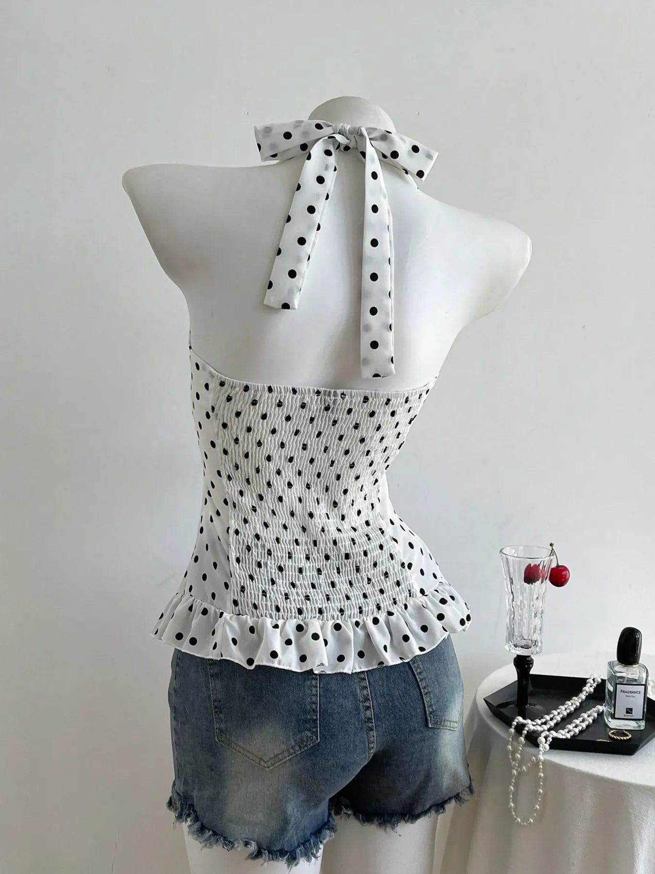 Polka Dot Halter Neck Cami in Black