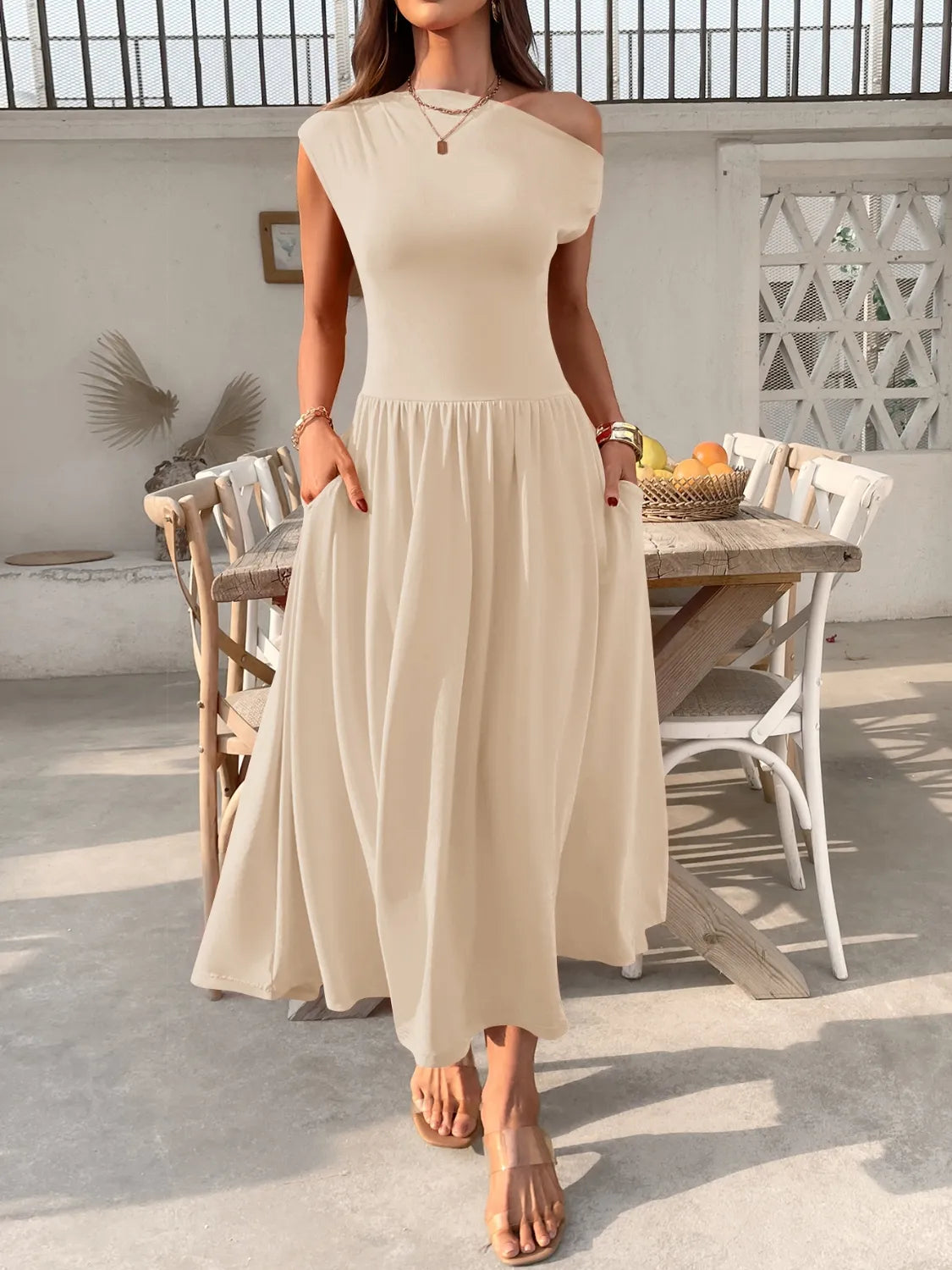 Single-Shoulder Pocketed Dress in Dusty Pink